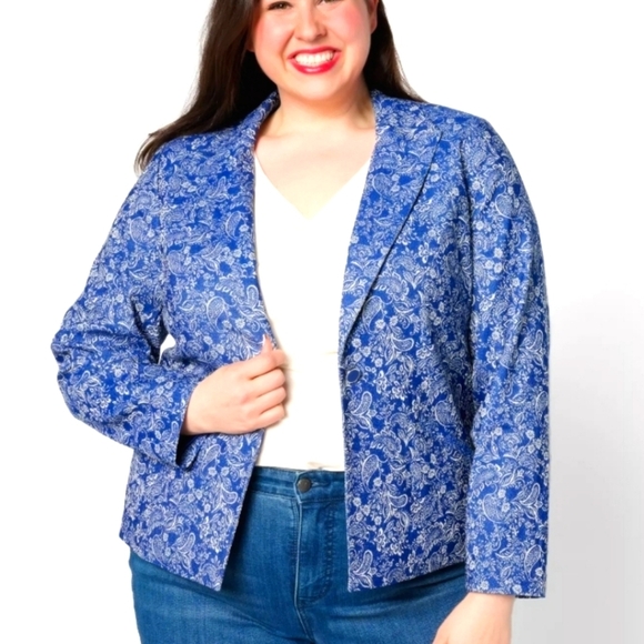 NWOT. QVC Cotton/Linen blue and white jacquard blazer w/full lining&real pockets - Picture 1 of 6